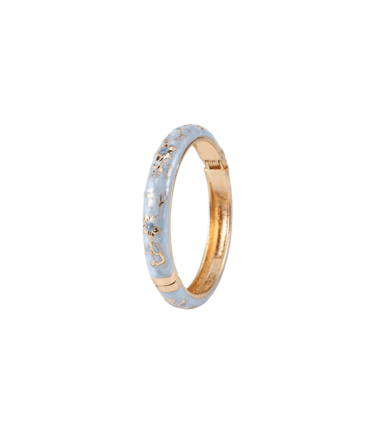 MIRA BANGLE IN LIGHT BLUE cloisonné enamel bangle with a pale blue floral vine pattern and gold-tone edges