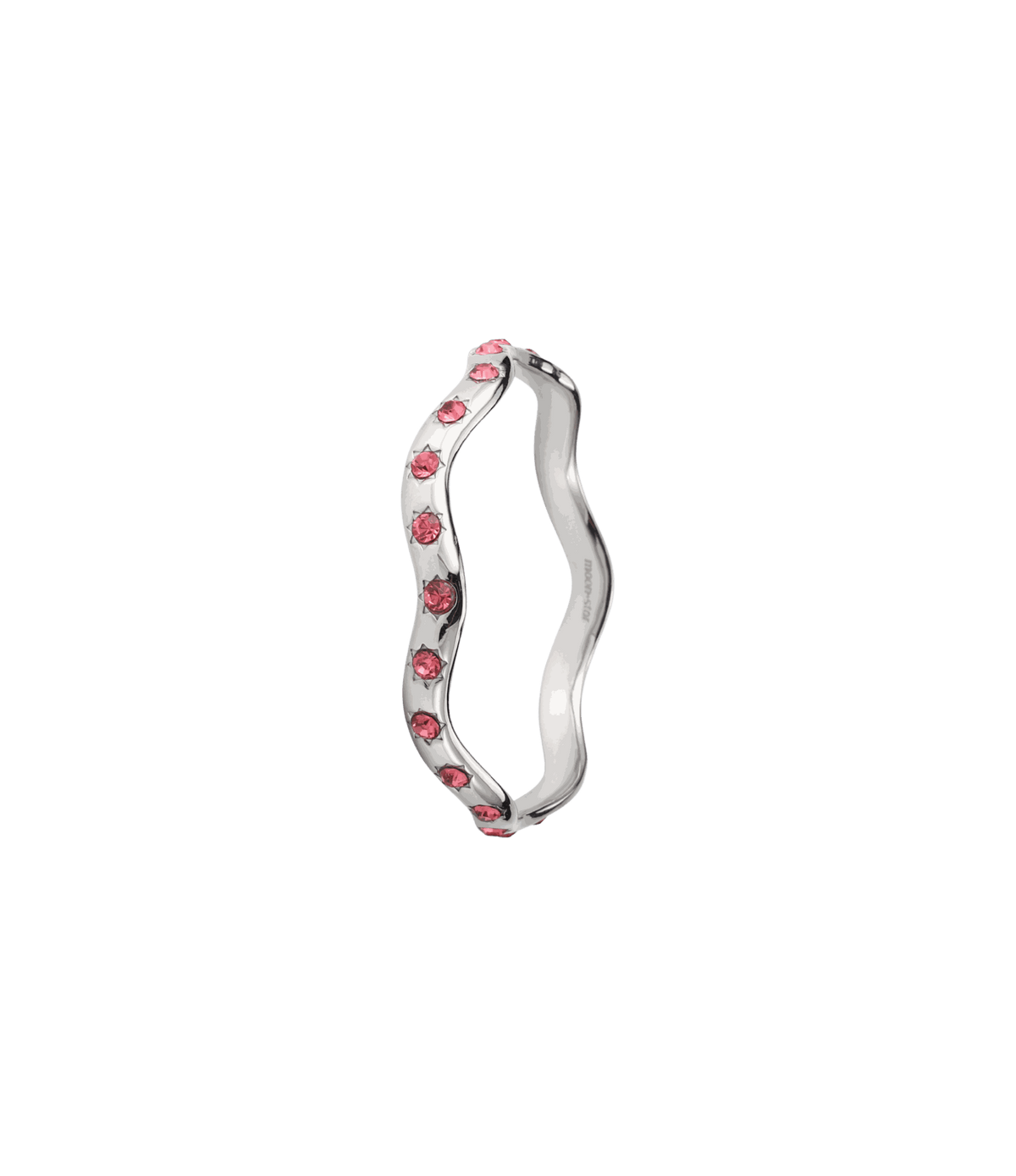 Wavy silver-tone bangle with pink stones along one edge; Miranda Bangle - Gold plated bangle with pink zirconia.