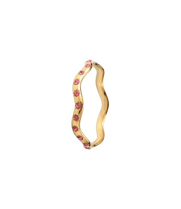 Miranda Bangle - Gold plated bangle with pink zirconia, a wavy gold-tone band set with pink stones.