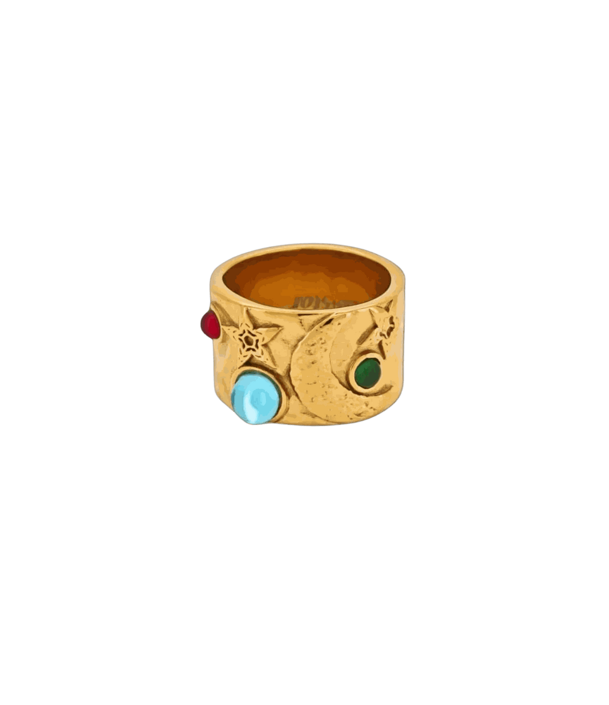 Nefeli Moon Ring featuring a gold-tone textured wide band with raised blue, green and red gem-like accents