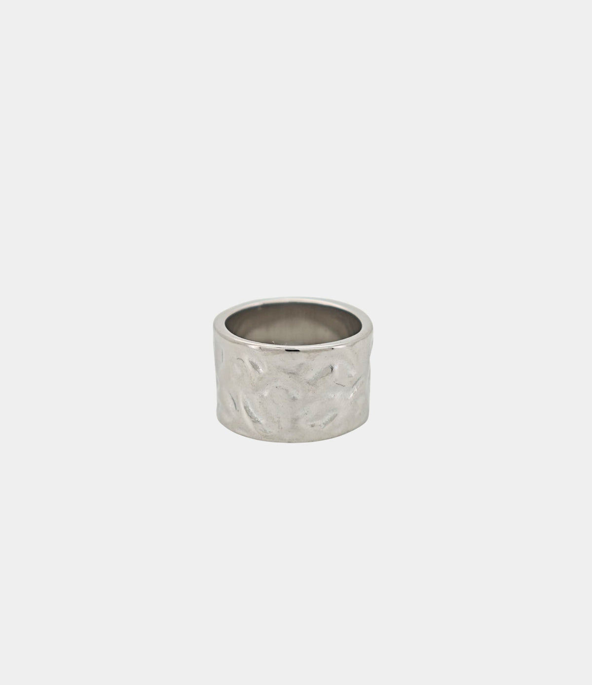 Nefeli Moon Ring in silver-tone stainless steel, with a wide band and irregular hammered texture