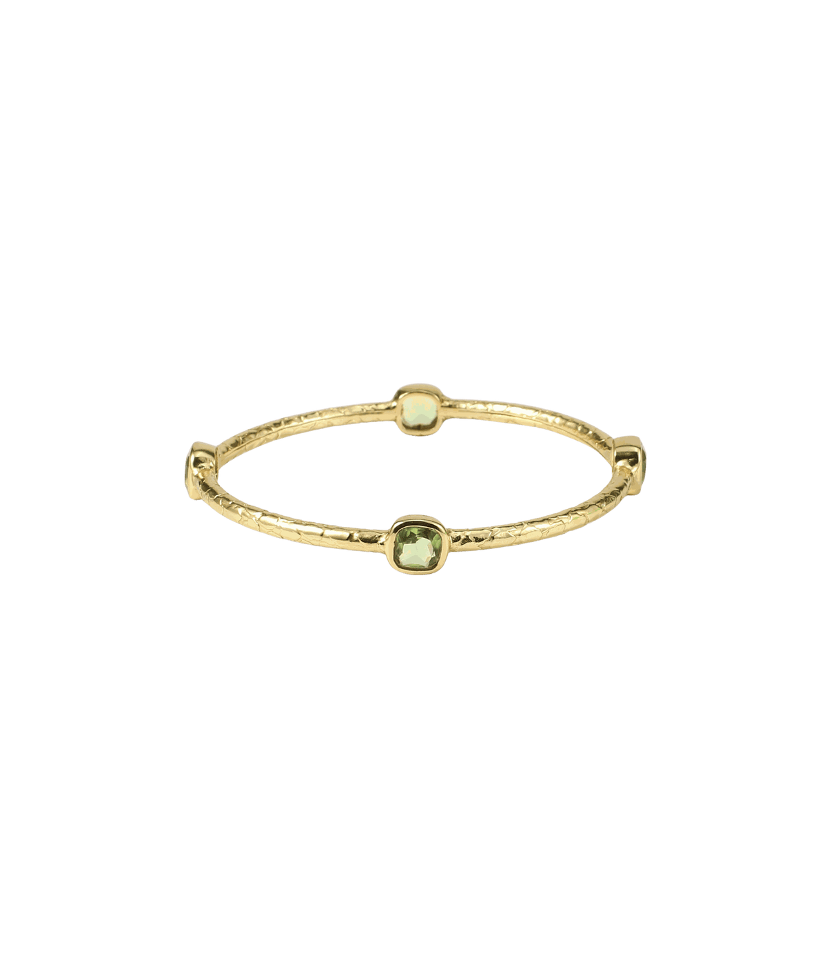 Gold-tone brass Nifemi Bangle - Green Textured Bangle with a slim open design and pale green stones in raised settings.