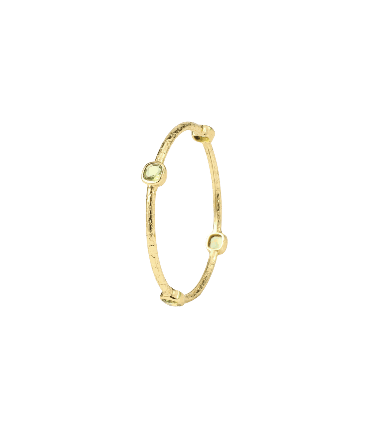 Nifemi Bangle - Green Textured Bangle in gold-tone metal with a slim textured band and three pale green stones