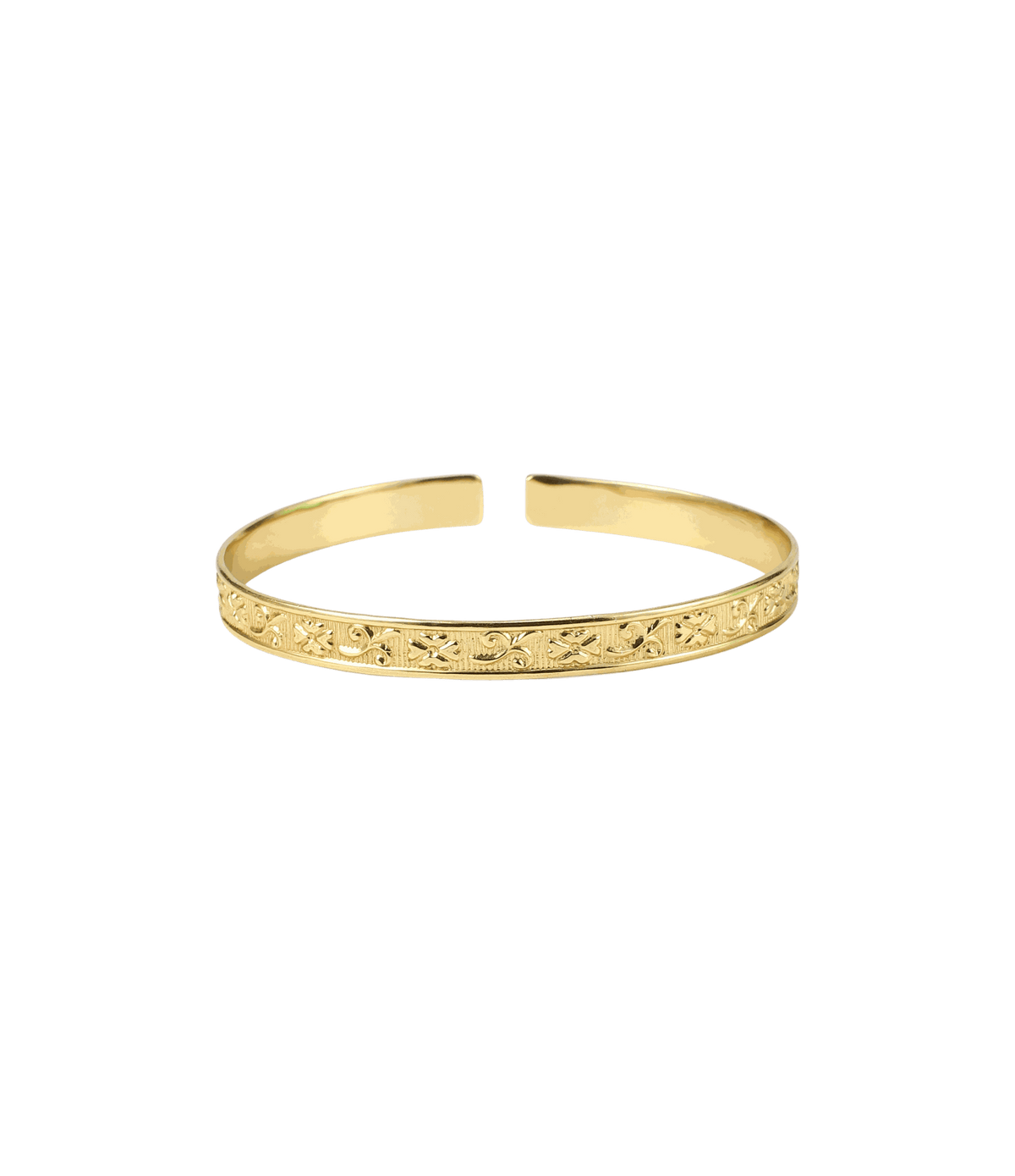 Nila Bangle - Engraved Open cuff design, a gold-tone metal bangle with ornate engraved detailing and an open cuff shape