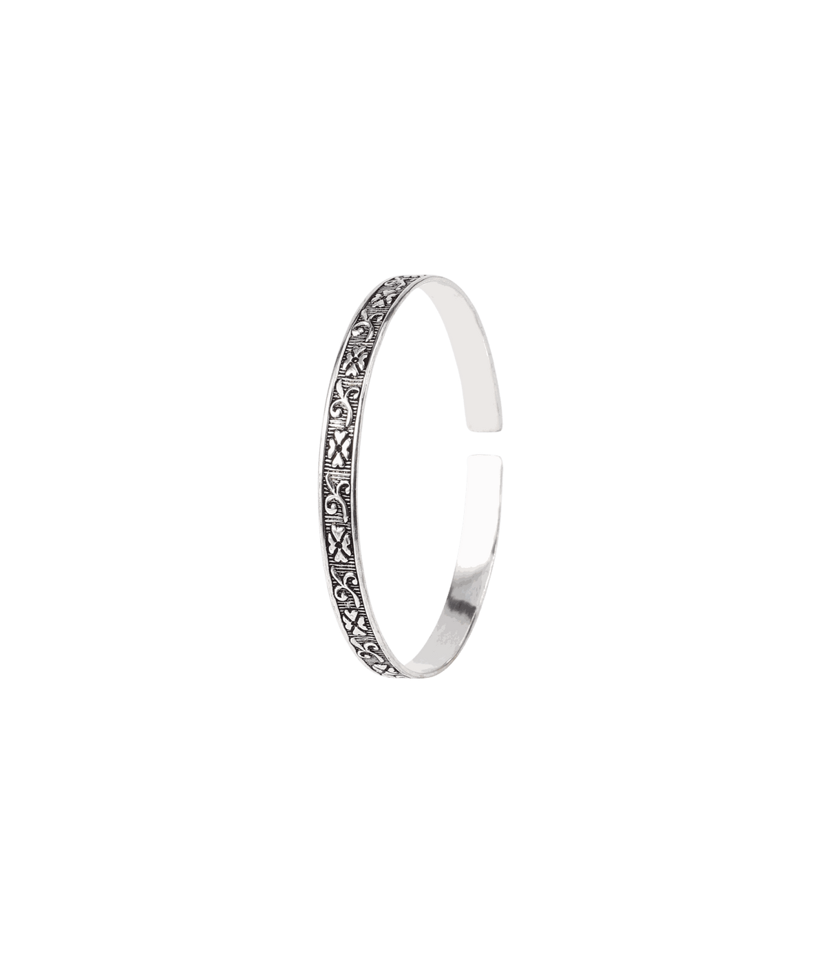 Nila Bangle - Engraved Open cuff design, silver-tone metal bangle with intricate raised floral engraving and an open cuff