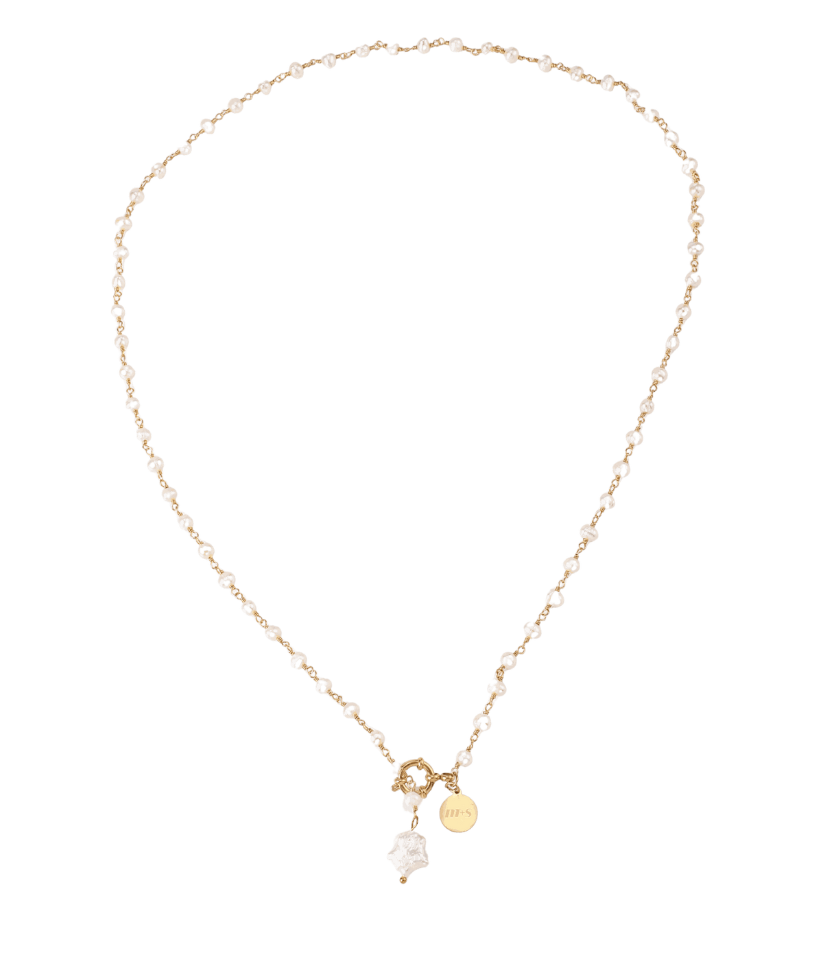 ODETTE PEARL NECKLACE with a delicate gold-tone chain, small white pearls throughout and a long Y drop with two charms