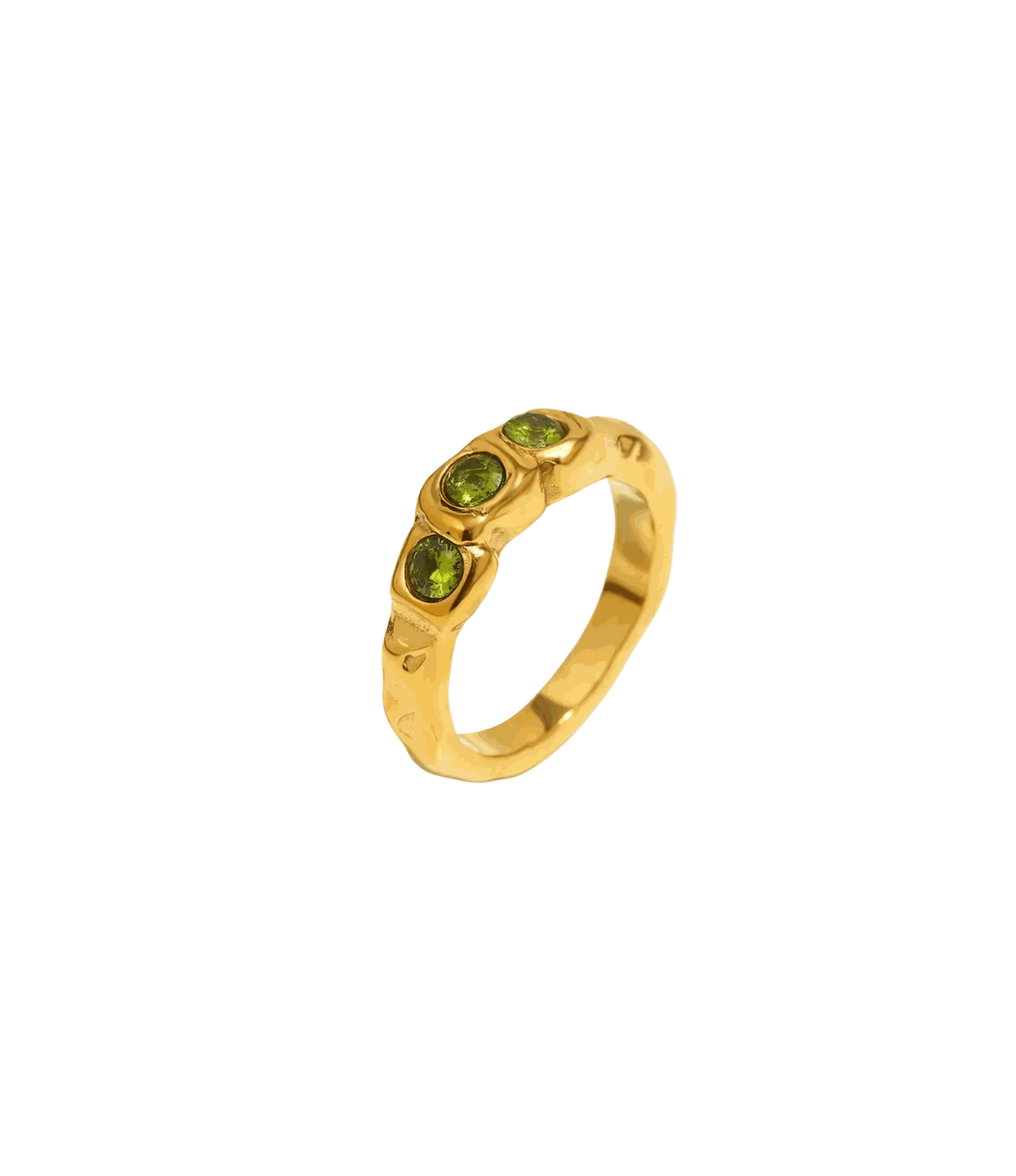 Olive Ring in gold-tone metal with three oval green stones set along a chunky, organically textured band