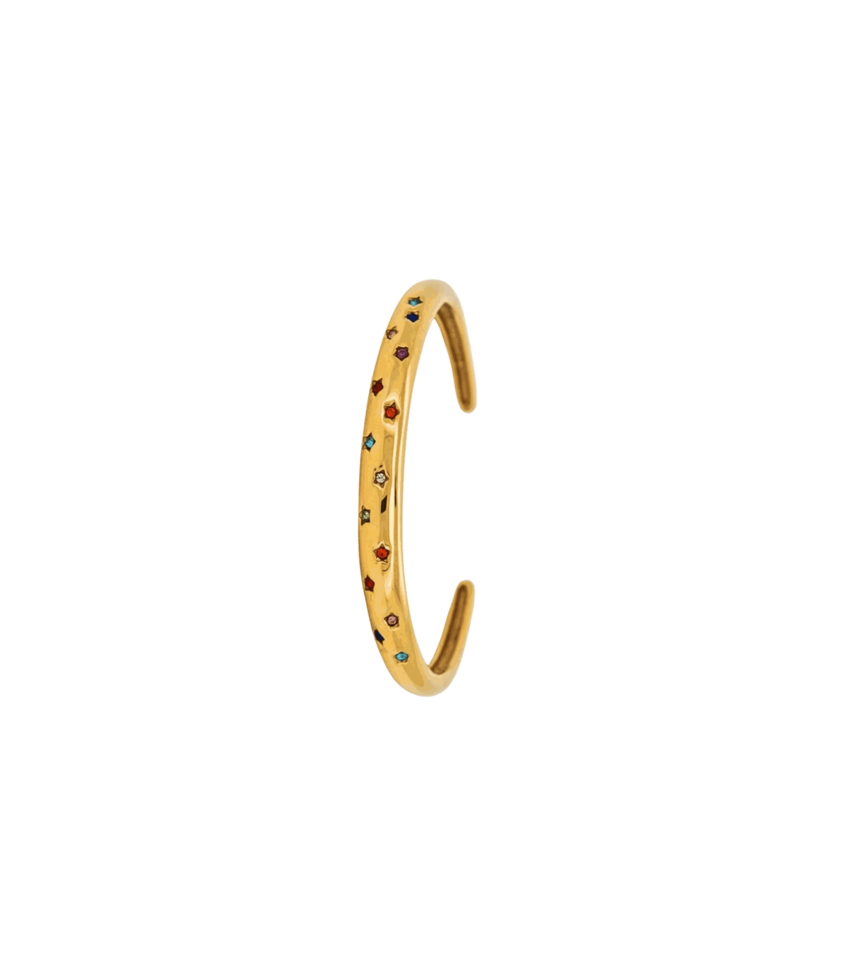 Olivia Bangle in Multicolour, a gold-toned metal open bangle with small colourful jewel-like accents set along the band