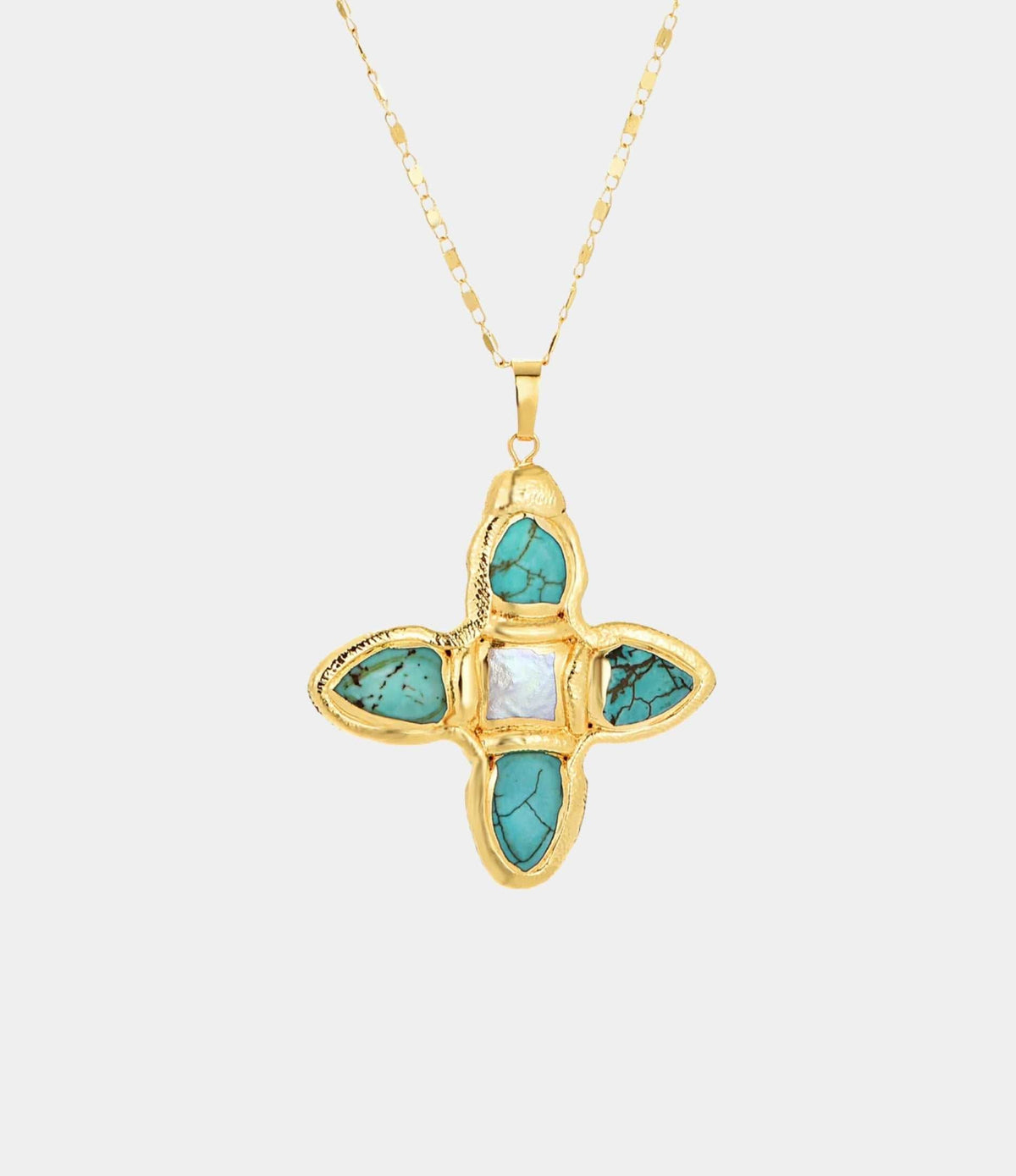 OPHELIA NECKLACE IN BLUE with a gold-tone chain and cross pendant featuring turquoise stones and a pale blue center stone.