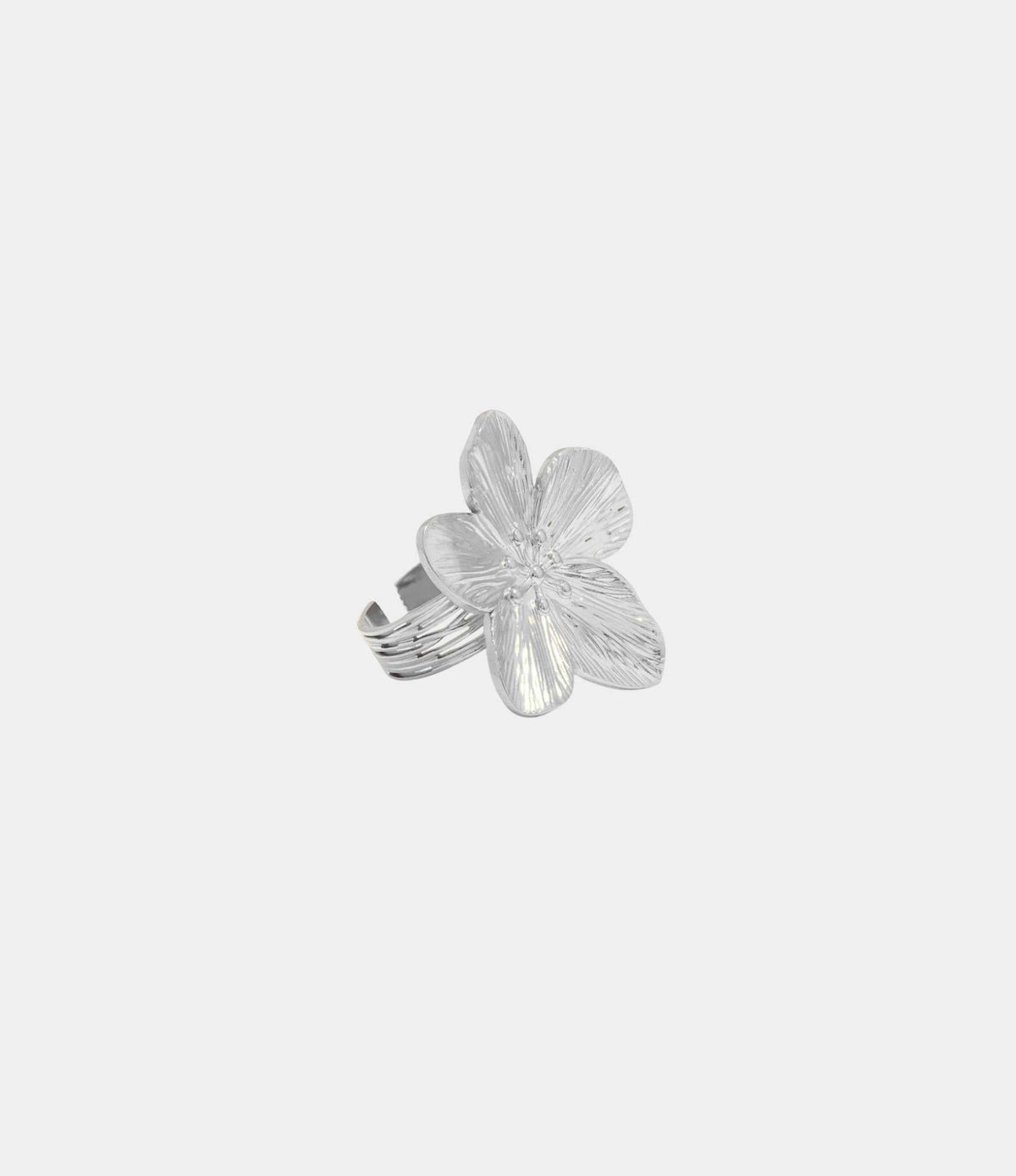 Orchid Affair Ring, silver-tone stainless steel with a sculpted orchid flower and adjustable band.