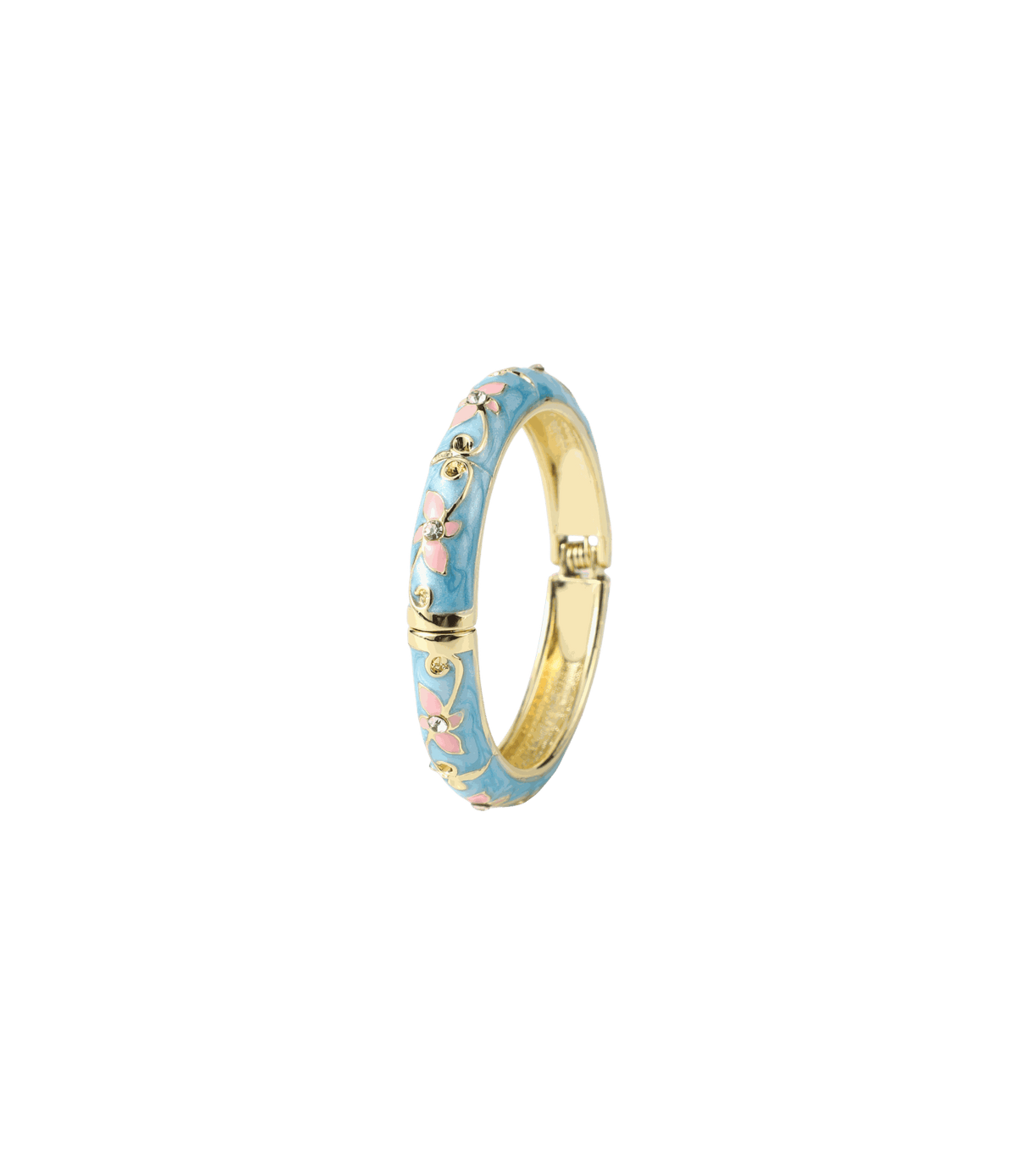 PETIT FLEUR BANGLE with a gold-tone metal band, aqua blue enamel, and raised pink and white floral details.