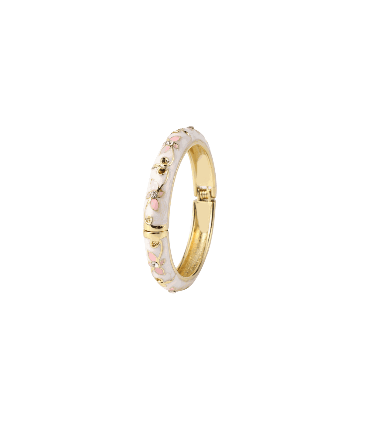 PETIT FLEUR BANGLE with a white enamel band, pink floral pattern and gold-tone metal interior and clasp.