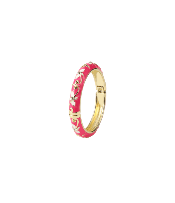 PETIT FLEUR BANGLE in bright pink enamel with gold-tone edges and delicate cream floral details