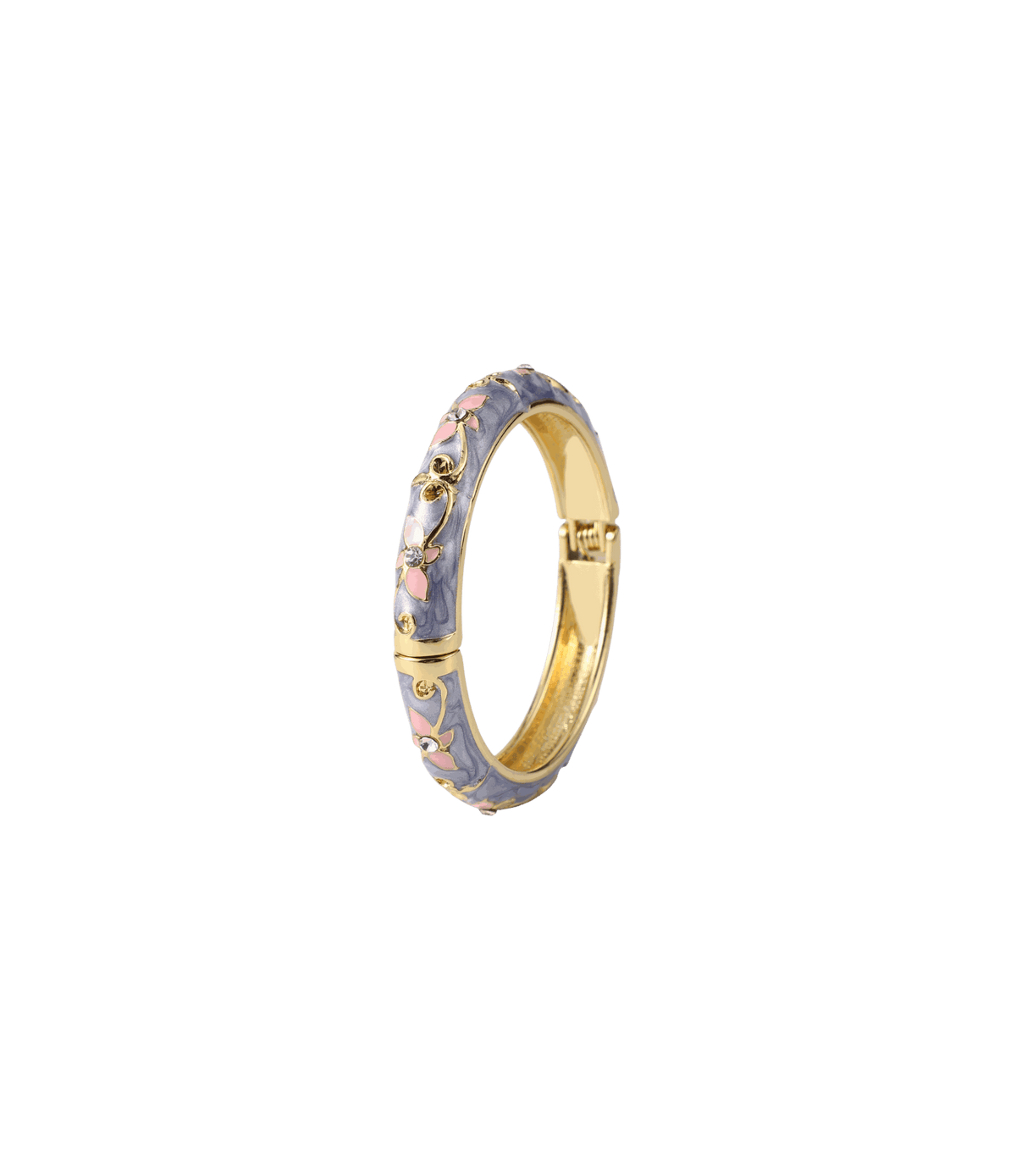 PETIT FLEUR BANGLE with a gold-tone metal band, lavender enamel and pink floral details with sparkling accents.