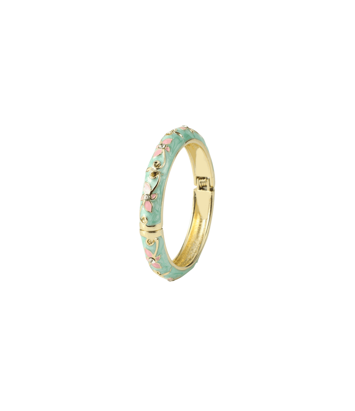 PETIT FLEUR BANGLE with a gold-tone metal band, teal enamel, and delicate pink and cream floral detailing.