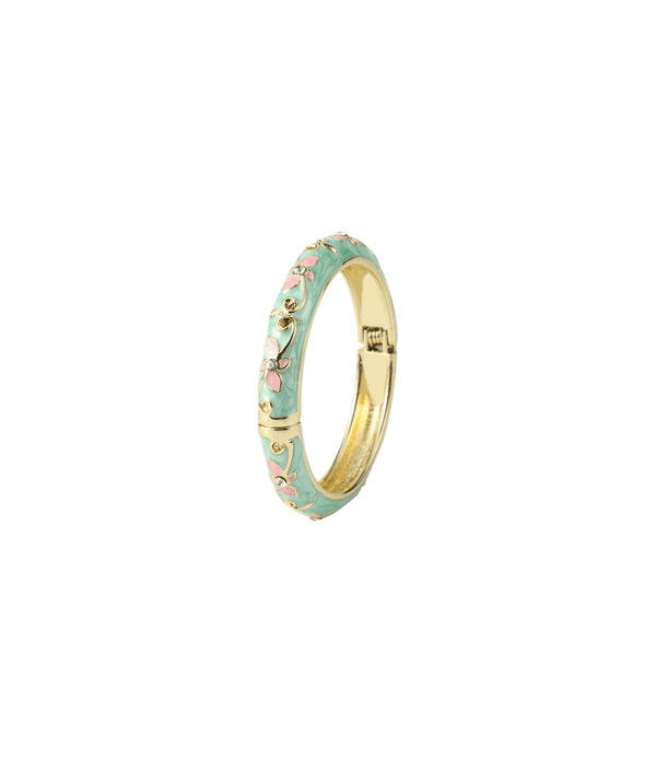 PETIT FLEUR BANGLE with a gold-tone metal band, teal enamel, and delicate pink and cream floral detailing.