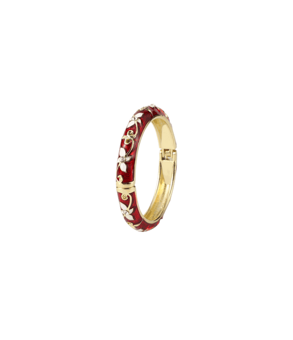 Petit Fleur Enamel Bangle - Chinese cloisonné bangle in merlot red enamel with gold-tone floral detailing and a hinged clasp.