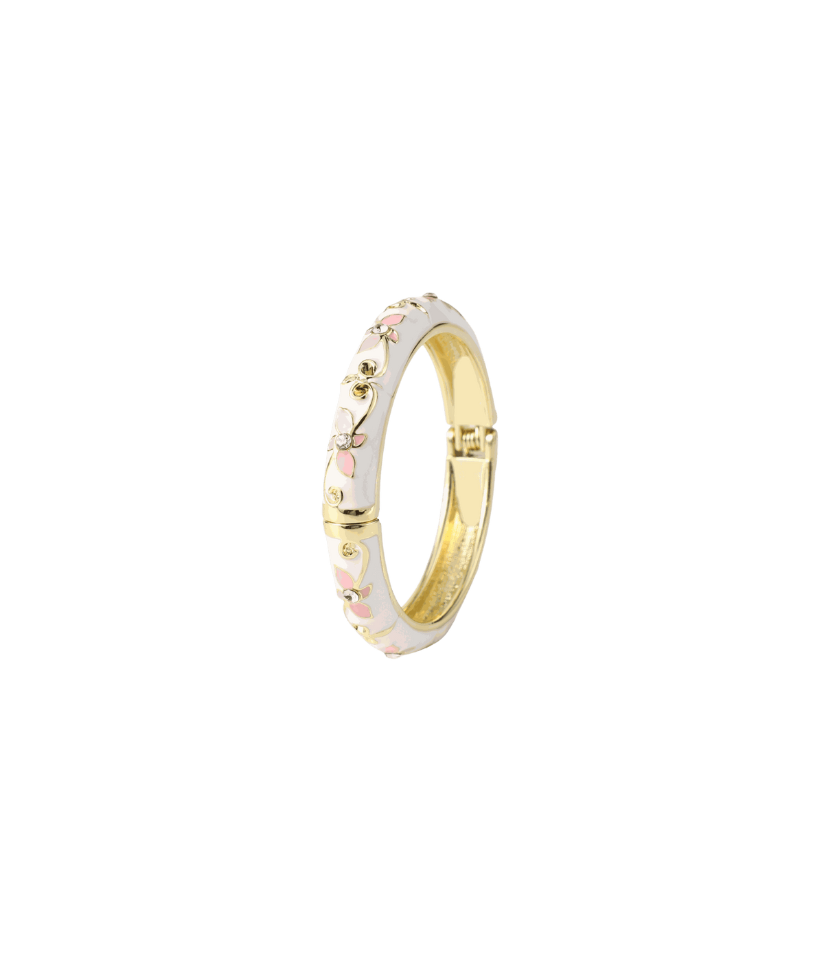 PETIT FLEUR BANGLE in white enamel with a gold-tone metal band, decorated with delicate pink flowers and gold accents.