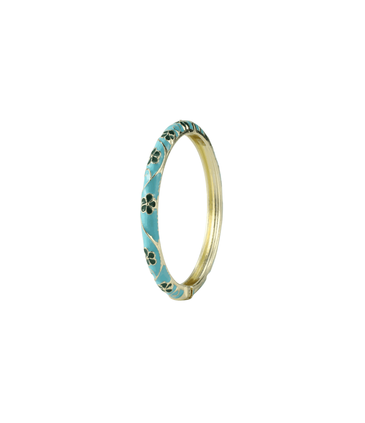 PIXIE BANGLE IN MIDNIGHT TIDE is a slim gold-tone bangle with turquoise enamel and dark floral motifs.
