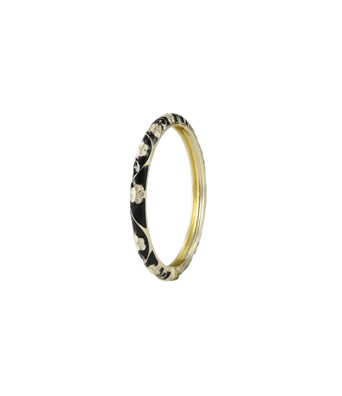 Pixie Bangle in Noir - Chinese cloisonné bangle with black enamel, gold-tone metal and delicate floral motifs