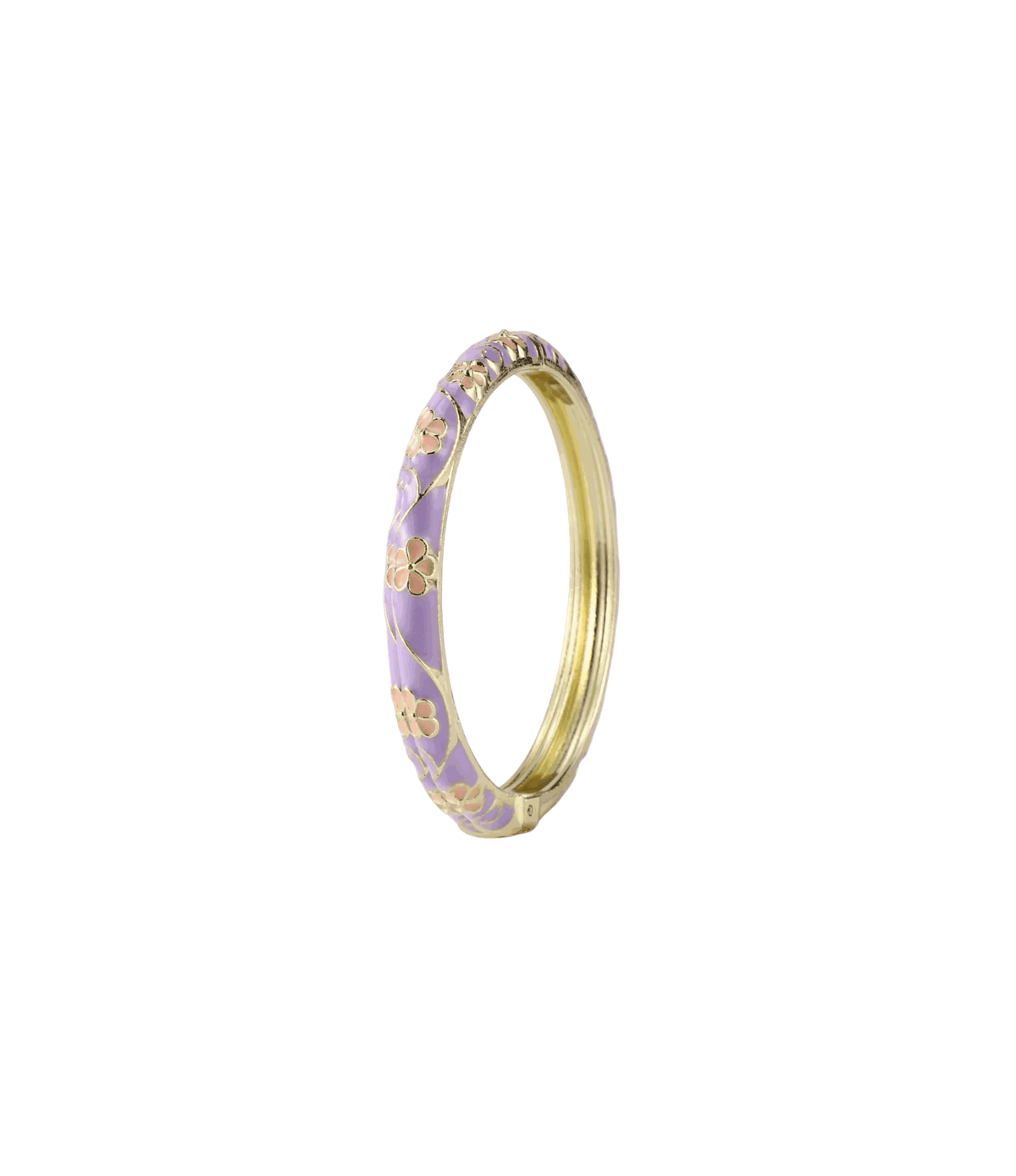 PIXIE BANGLE IN SUGAR PLUM, gold-tone metal with lavender enamel, decorated with delicate pink floral motifs.