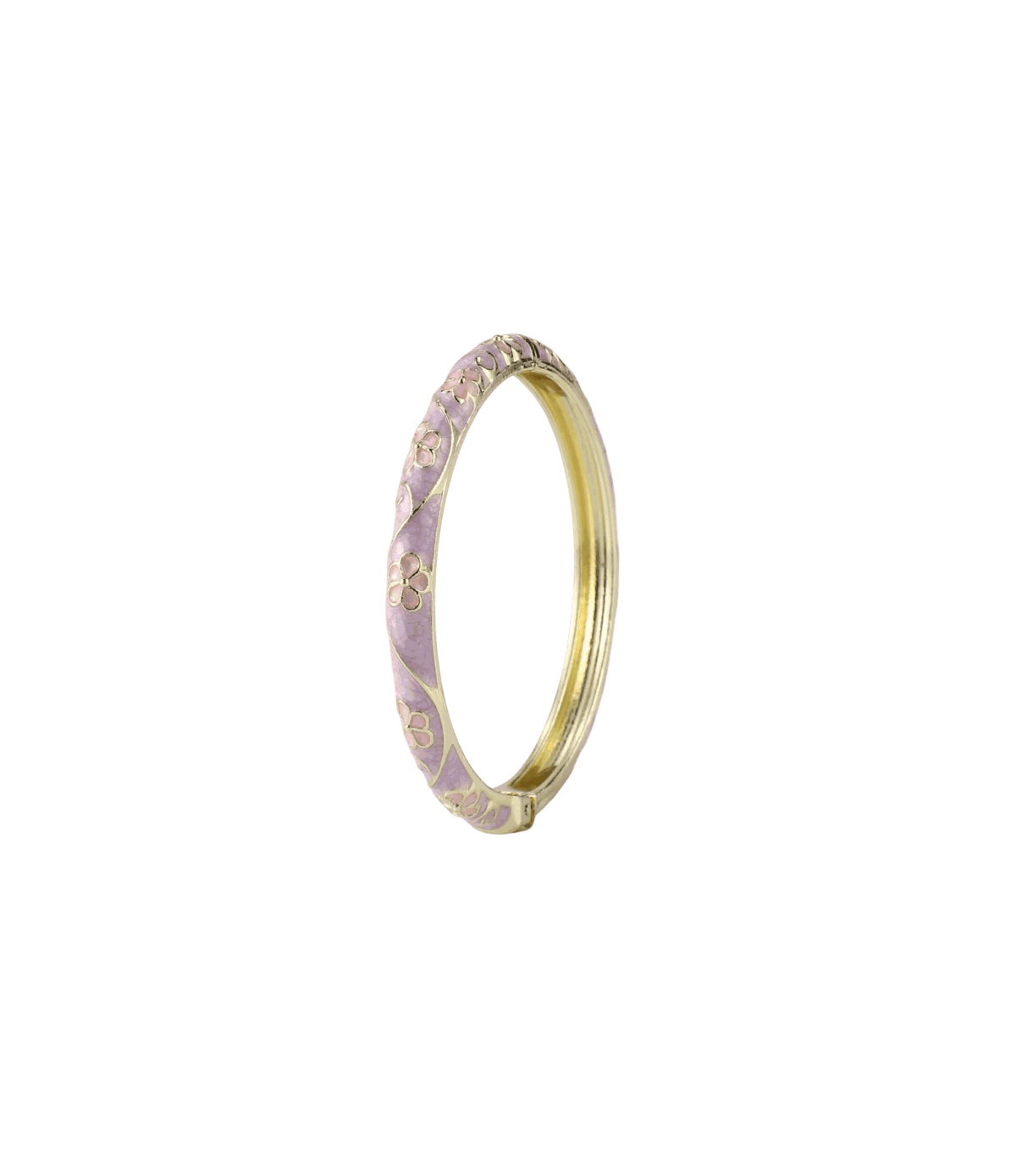 Enamel bangle in soft wisteria purple with gold-tone floral detailing, PIXIE BANGLE IN WISTERIA, and a slim hinged design.