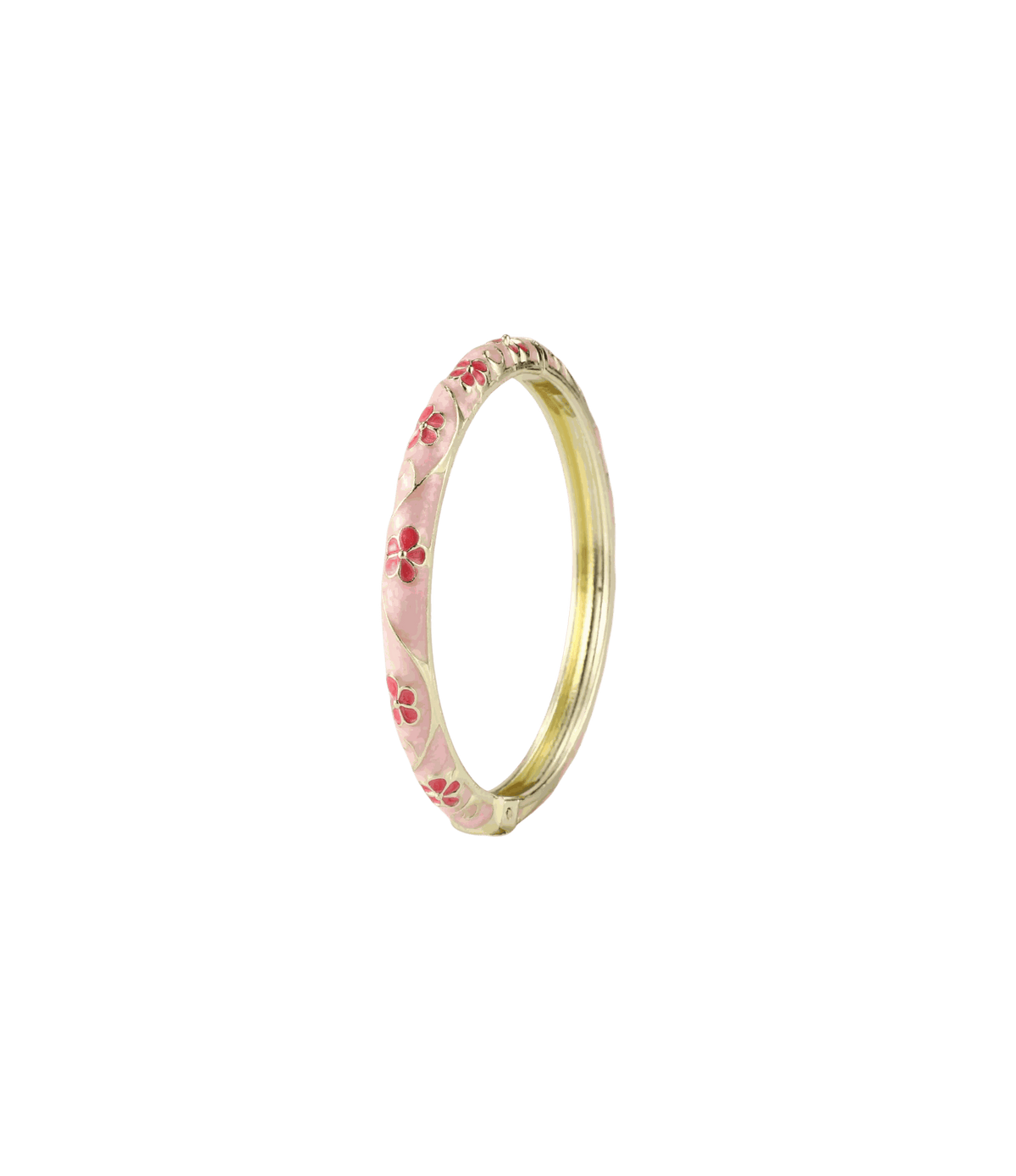 PIXIE BANGLE IN CHERRY BLOSSOM, gold-tone bangle with pale pink enamel and small red floral details.