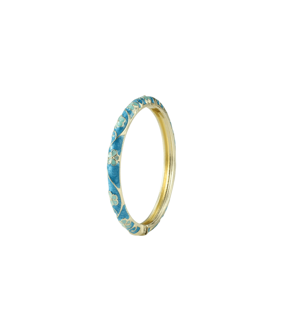 PIXIE BANGLE IN LAGOON, a slim gold-tone metal bangle with a bright blue enamel floral pattern and hinged clasp.
