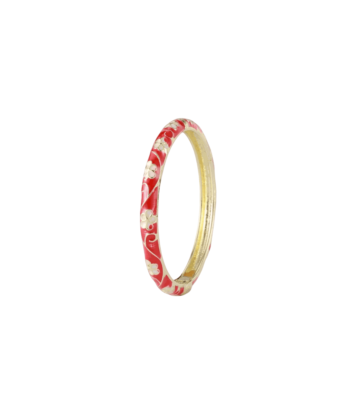 PIXIE BANGLE IN RED, slim gold-tone bangle with red enamel, cream floral motifs and delicate gold scrollwork.