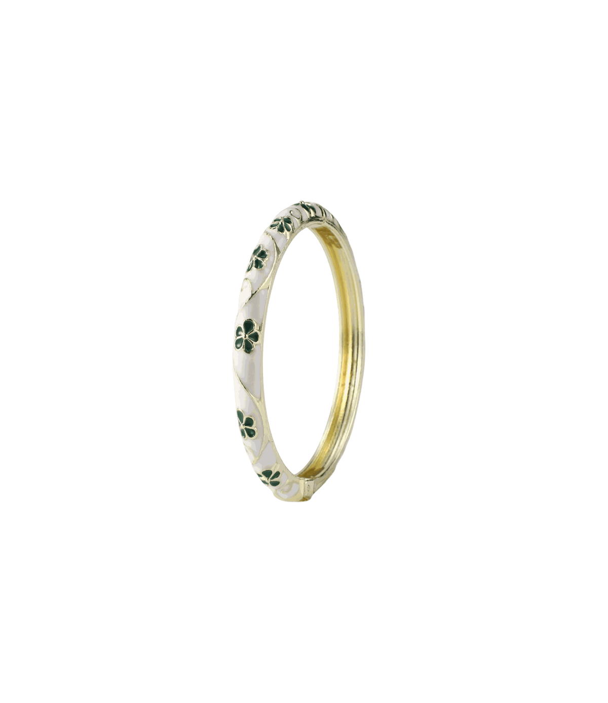 Enamel bangle, PIXIE BANGLE IN SNOWDROP, with a white base, green floral motifs and a gold-tone metal band.