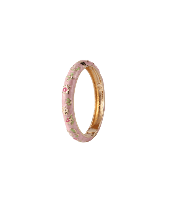 Pink POPPY BANGLE IN PINK with glossy enamel, gold-tone metal lining and delicate floral detailing around the band.