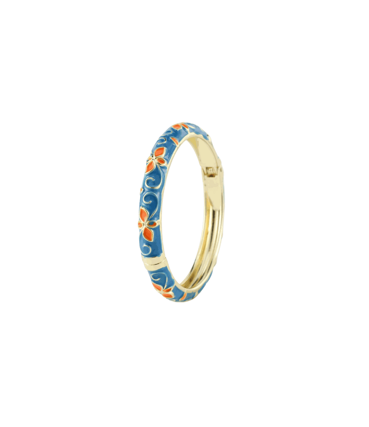 PRIMAVERA BANGLE IN APRICOT BLUE, slim gold-tone bangle with blue enamel, apricot floral accents and swirling details
