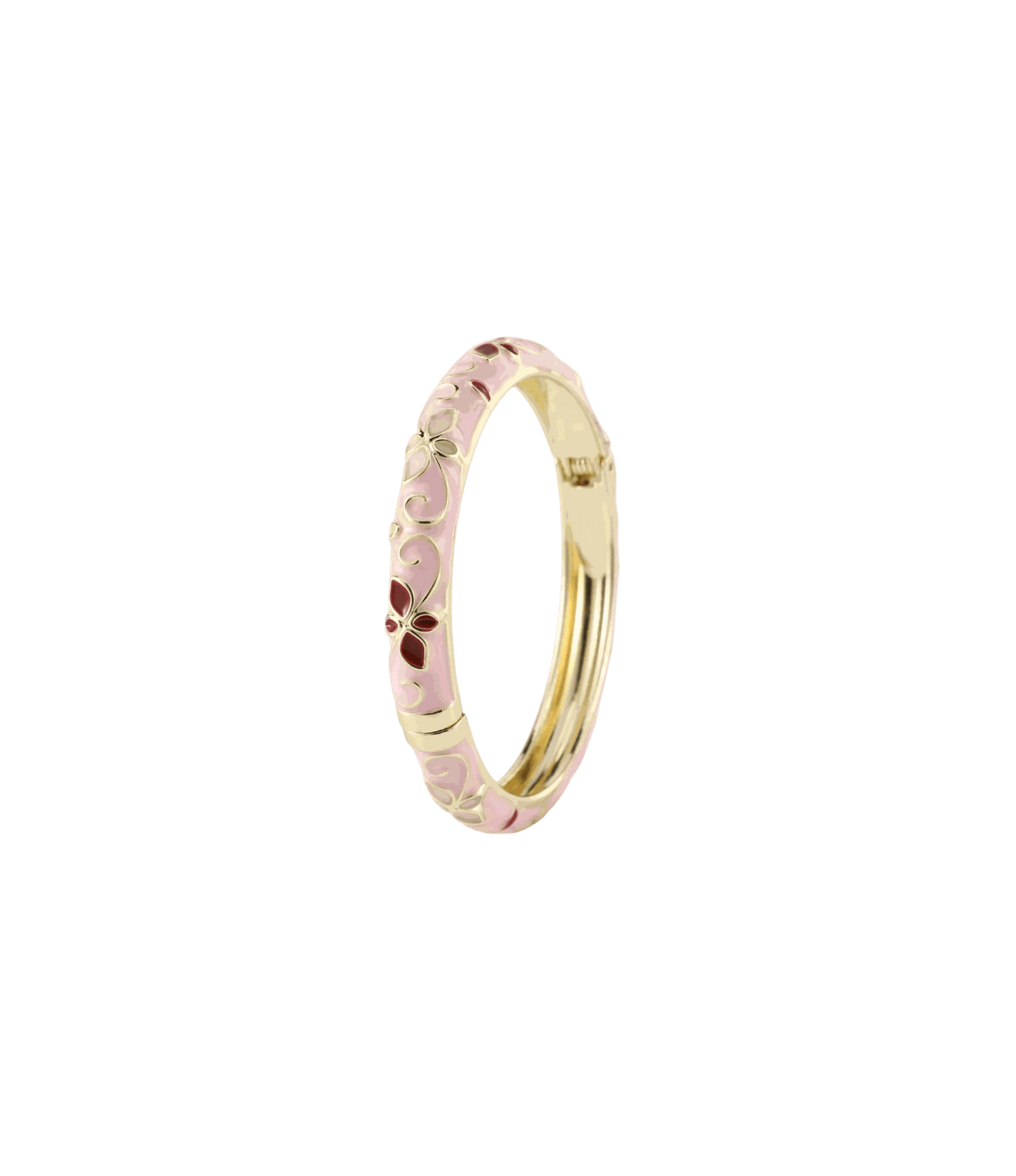 PRIMAVERA BANGLE IN CUPCAKE PINK, slim gold-tone enamel bangle with a pale pink floral pattern and hinged clasp.