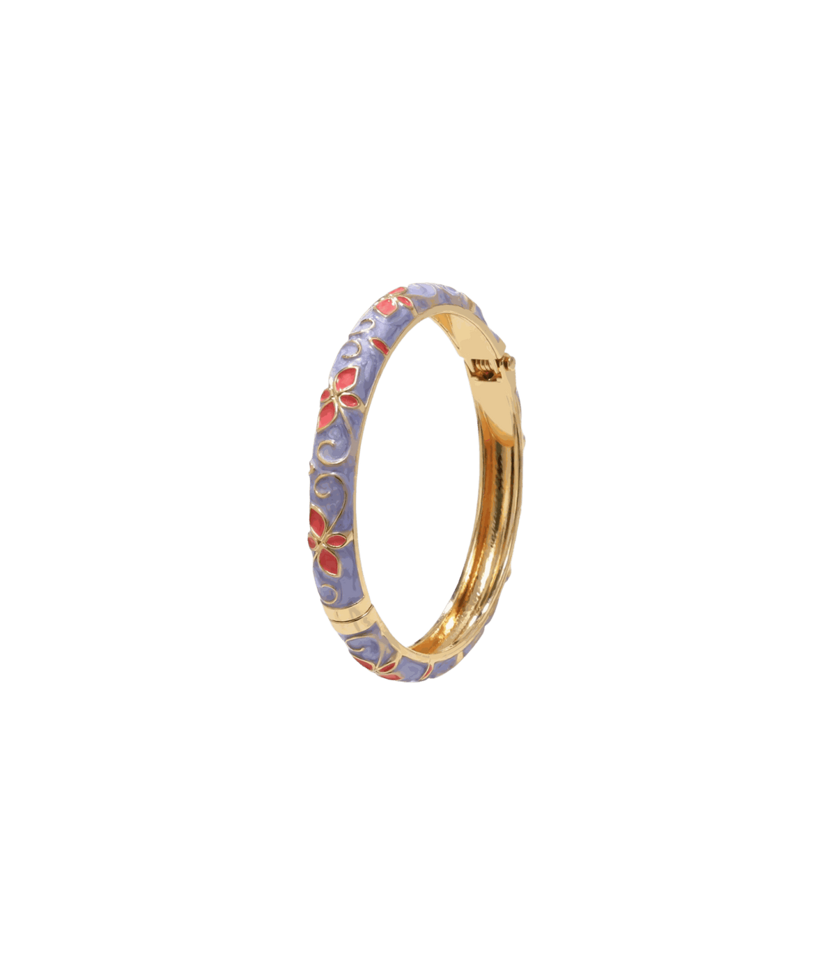PRIMAVERA BANGLE IN PURPLE, a gold-tone enamel bangle with lavender scrollwork and red floral accents