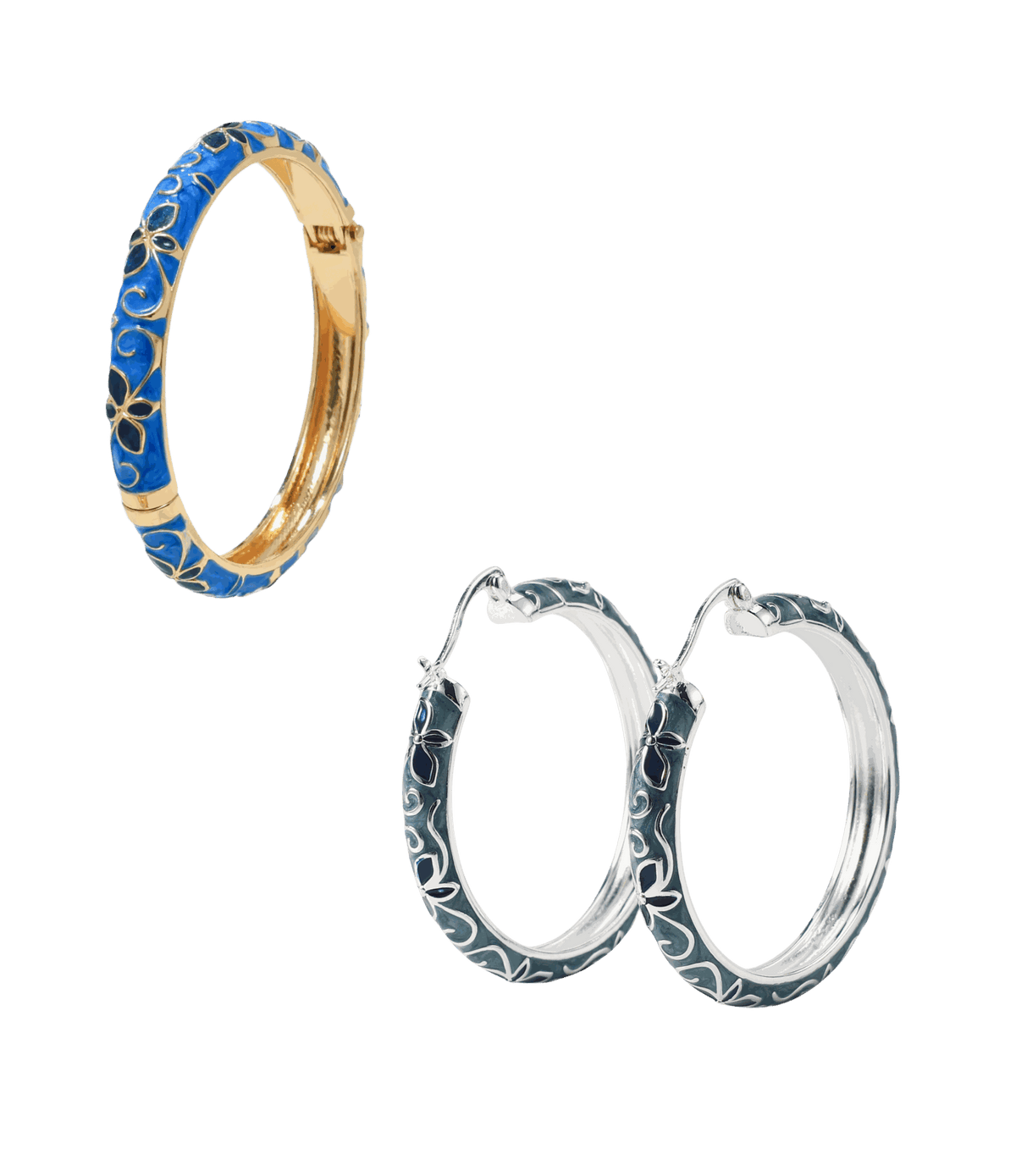 Blue enamel cloisonné bangle and matching silver-tone hoop earrings with delicate gold and white floral detailing; Primavera Bundle In Blue - Chinese cloisonné bangle and earrings
