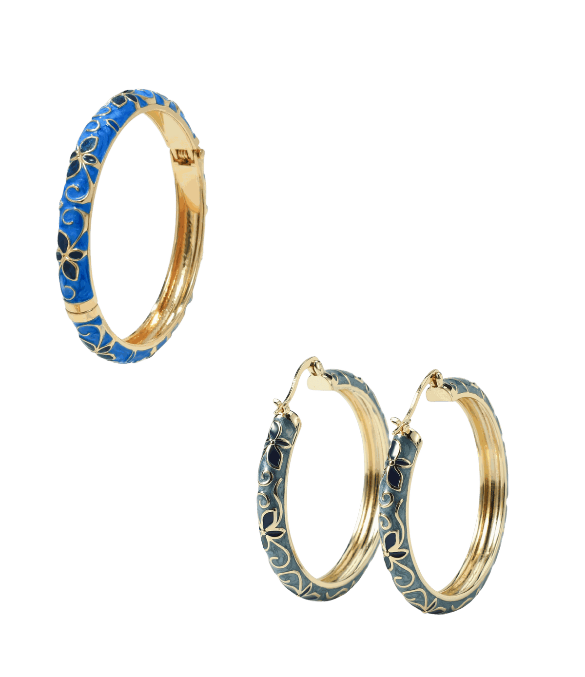 Jewellery set in gold-tone metal with blue enamel scrollwork, featuring a cloisonné bangle and hoop earrings; Primavera Bundle In Blue - Chinese cloisonné bangle and earrings