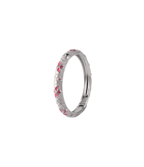 PRIMAVERA enamel BANGLE IN BLUSH, silver-tone metal with white enamel and pink floral accents, finished with a hinged clasp.