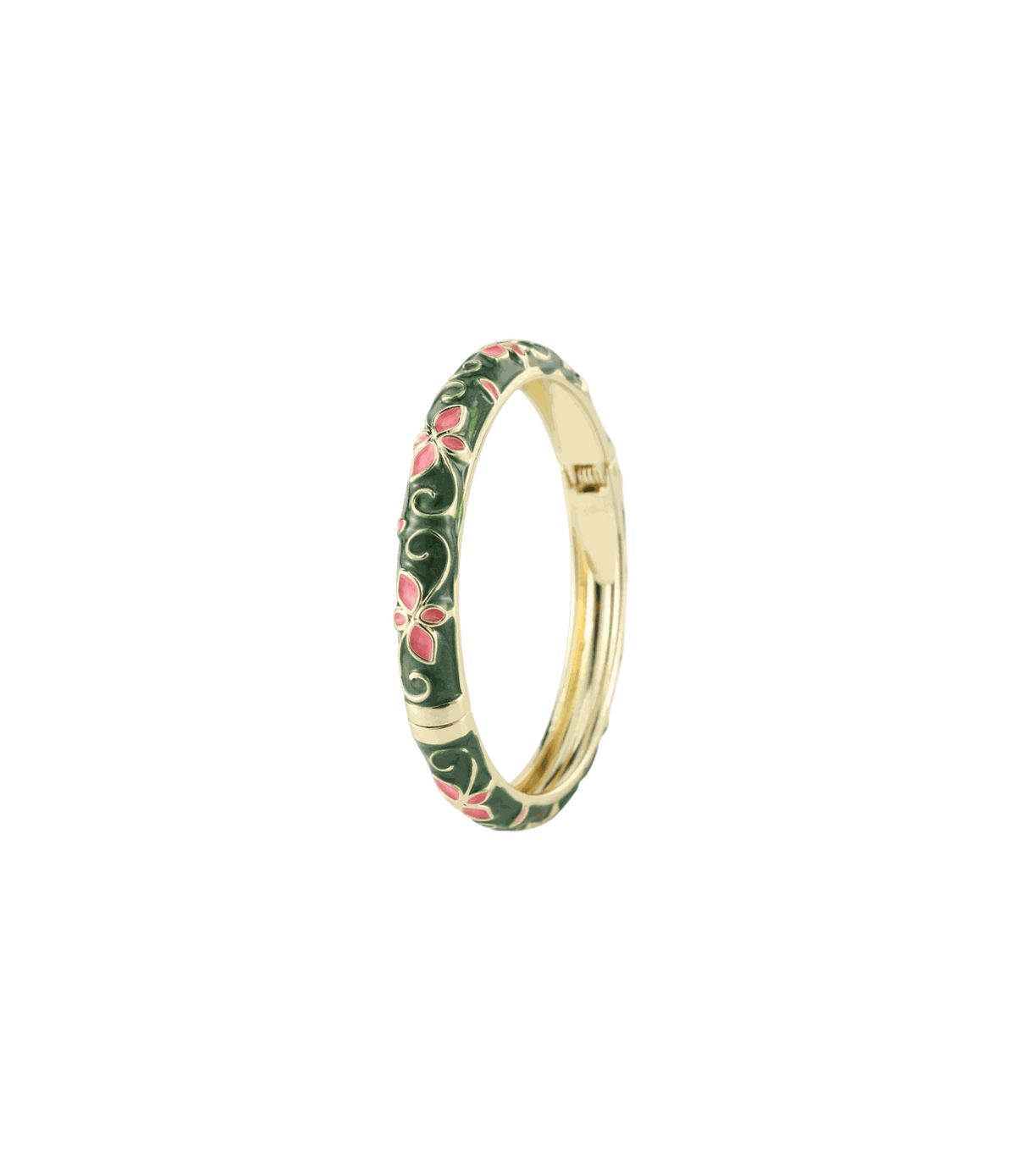 Gold-tone enamel PRIMAVERA BANGLE IN FLORA with a deep green band, pink floral blossoms and scrolling vine details.