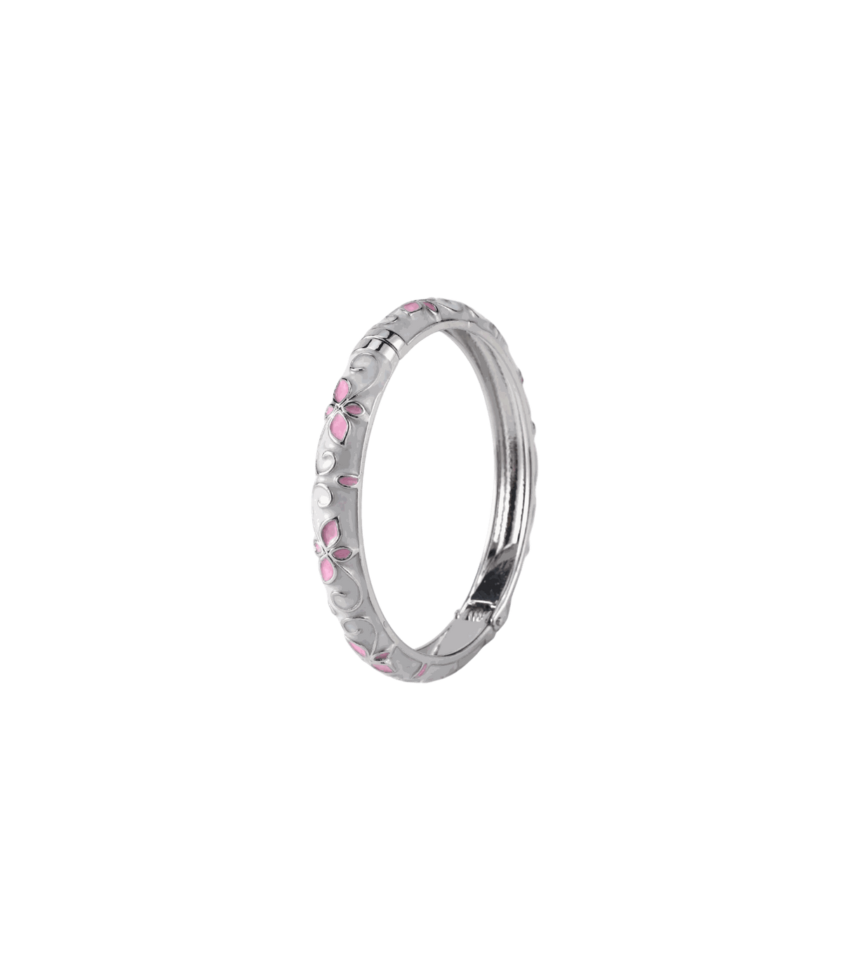 PRIMAVERA BANGLE IN SAKURA, a silver-tone metal bangle with white enamel, pink floral accents and delicate scrollwork.