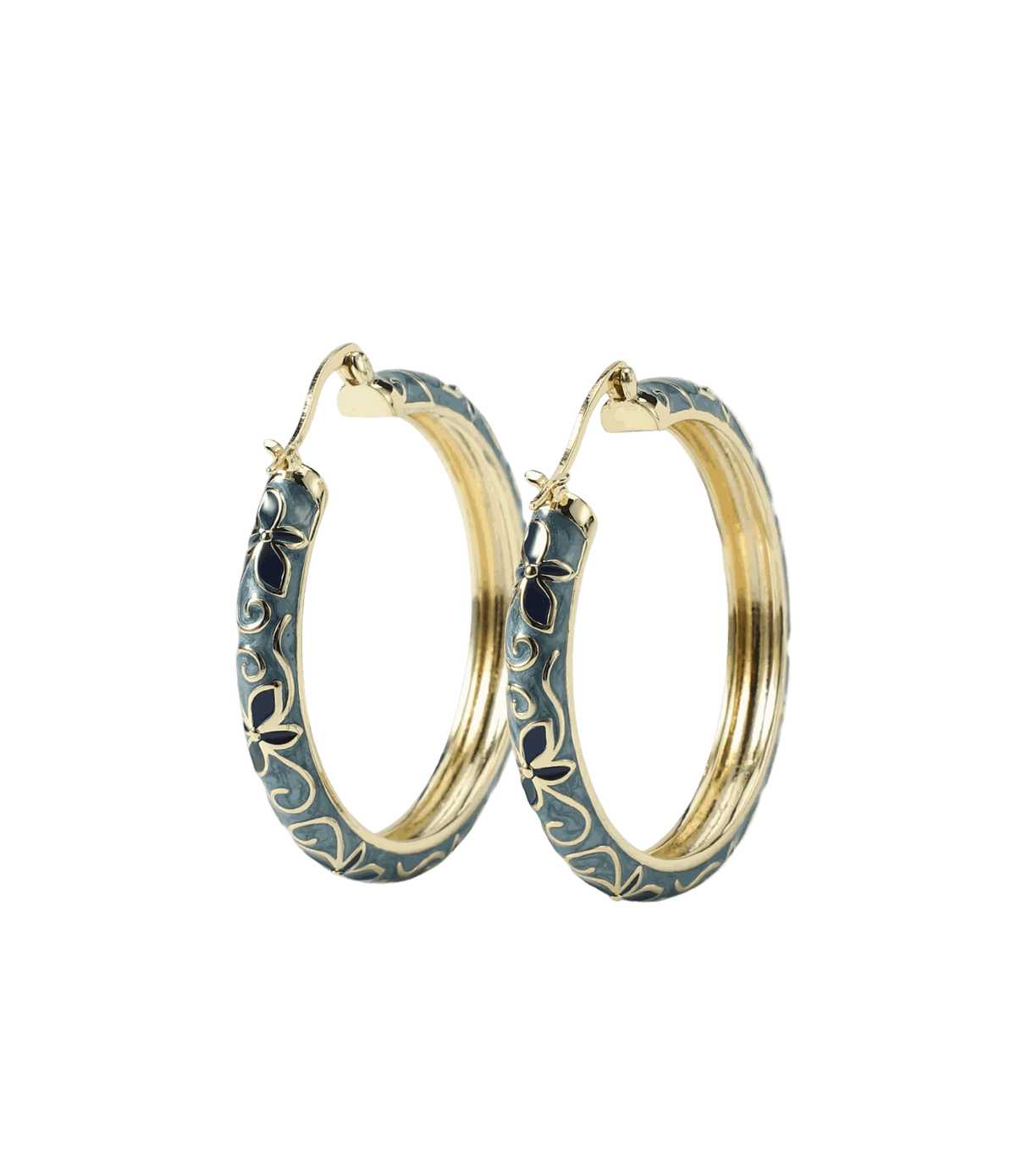 Primavera Enamel Earrings - Chinese cloisonné earrings in gold-tone hoops with dark blue enamel and pale scrollwork