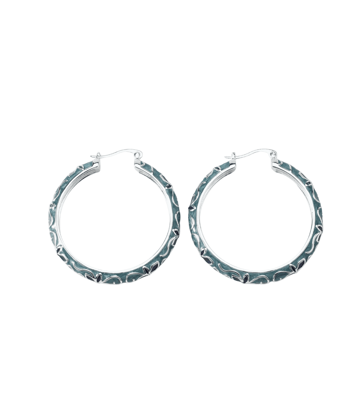 Primavera Enamel Earrings - Chinese cloisonné earrings, silver-tone hoops with a raised repeating scallop pattern