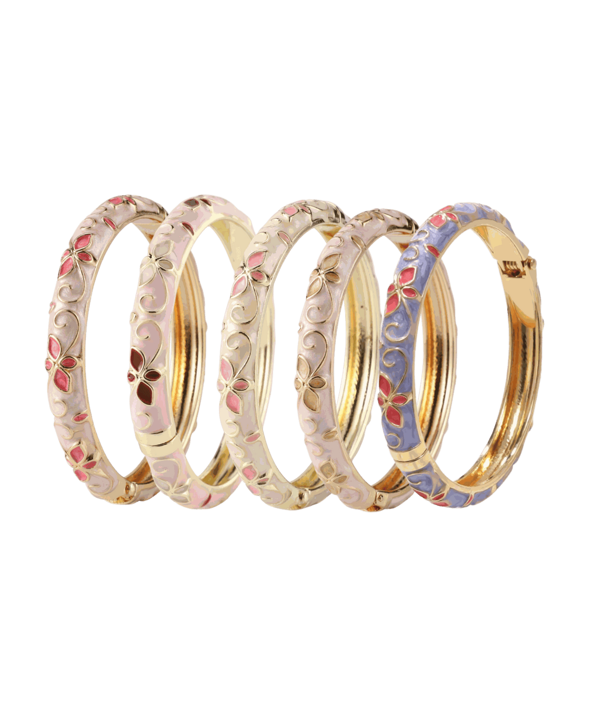 PRIMAVERA FLEUR BANGLE SET with five gold-tone bangles in cream, pink, peach and purple, decorated with floral enamel details.