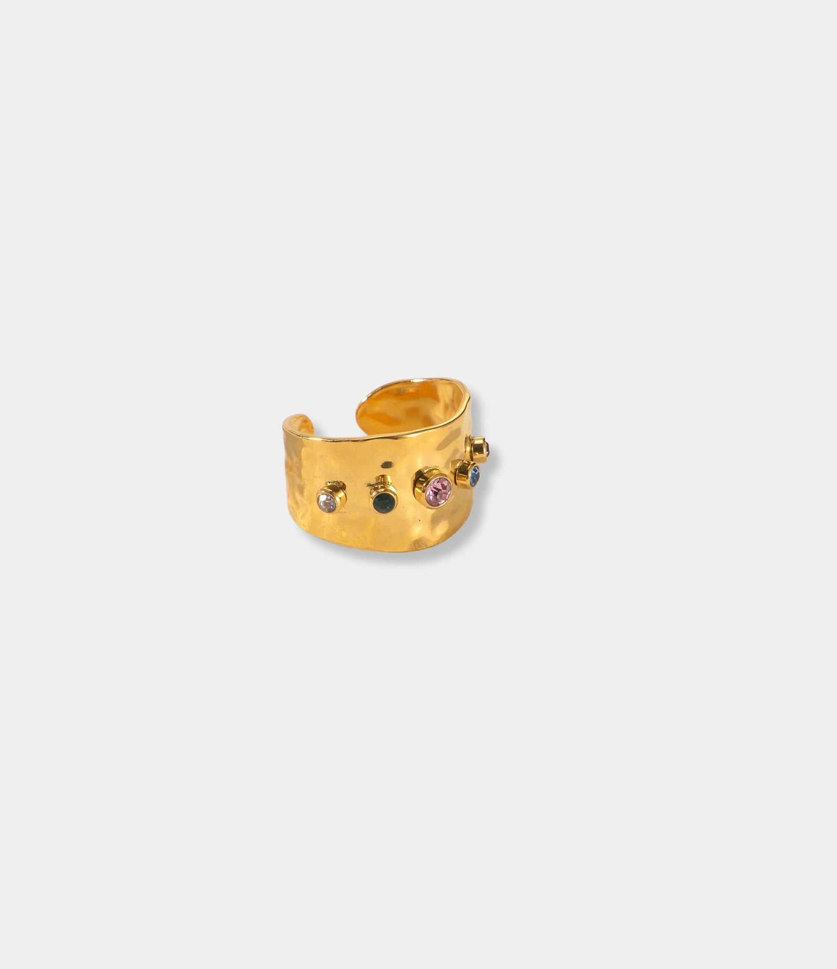 ODETTE RING, wide gold-tone plated stainless steel band with an open adjustable design and multicoloured stones.