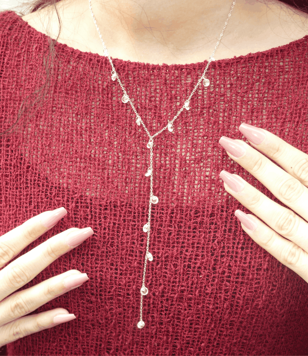 Raquelle Necklace - Lariat Necklace Y Necklace in gold-tone metal, featuring a delicate Y-shaped chain with scattered clear stones