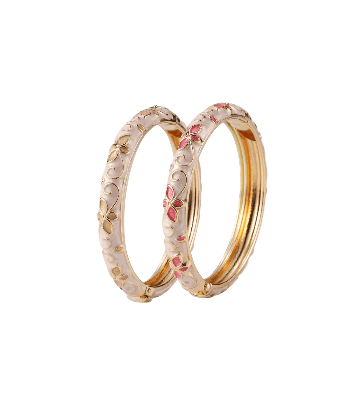 ROSALIE BANGLE SET with two gold-tone bangles featuring cream enamel scrollwork and pink floral accents.