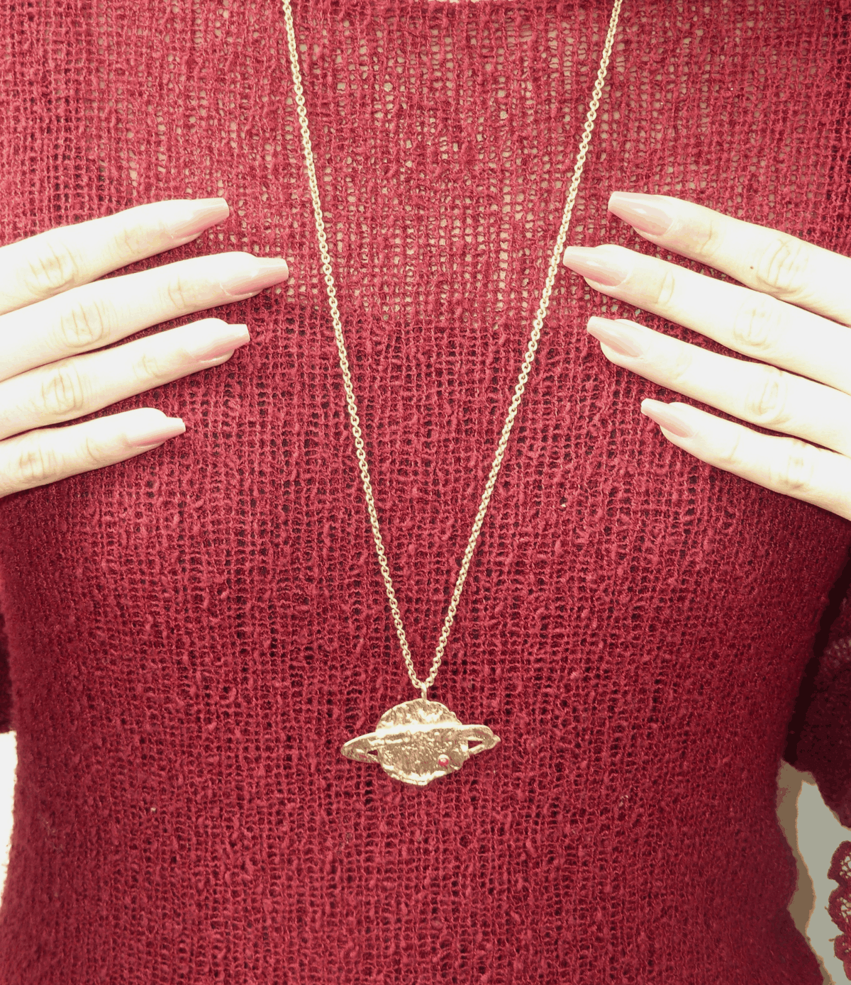 Saturn Necklace - Long Pendant Necklace with a fine gold-tone chain and textured ringed planet pendant