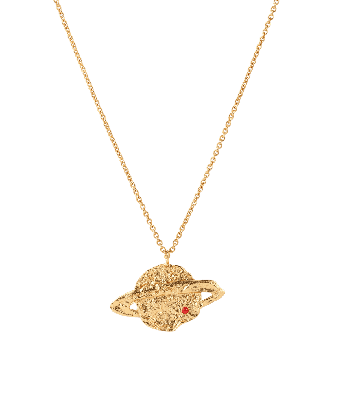 Saturn Necklace - Long Pendant Necklace in gold-tone metal with a textured planet pendant, ring detail and tiny red gem