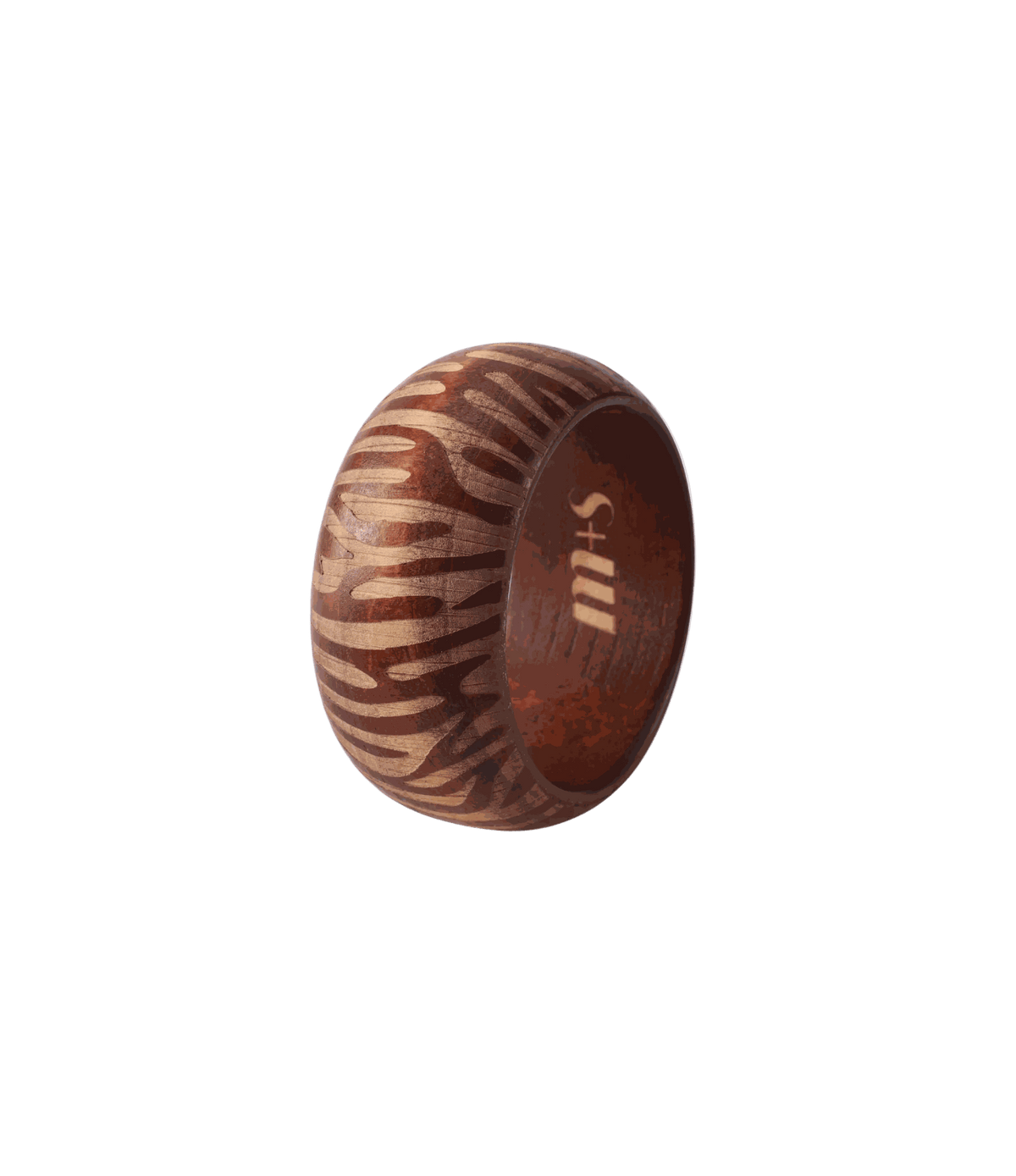 Savannah Wood Bangle in warm auburn wood with bold cream zebra stripes and a chunky rounded shape
