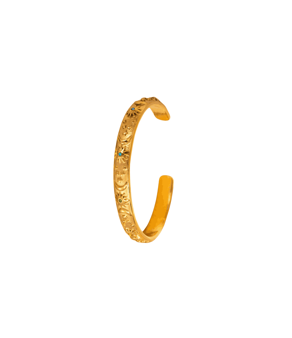 SELESTIA BANGLE IN MULTICOLOUR, a gold-tone metal open cuff with engraved detailing and small multicoloured stones.