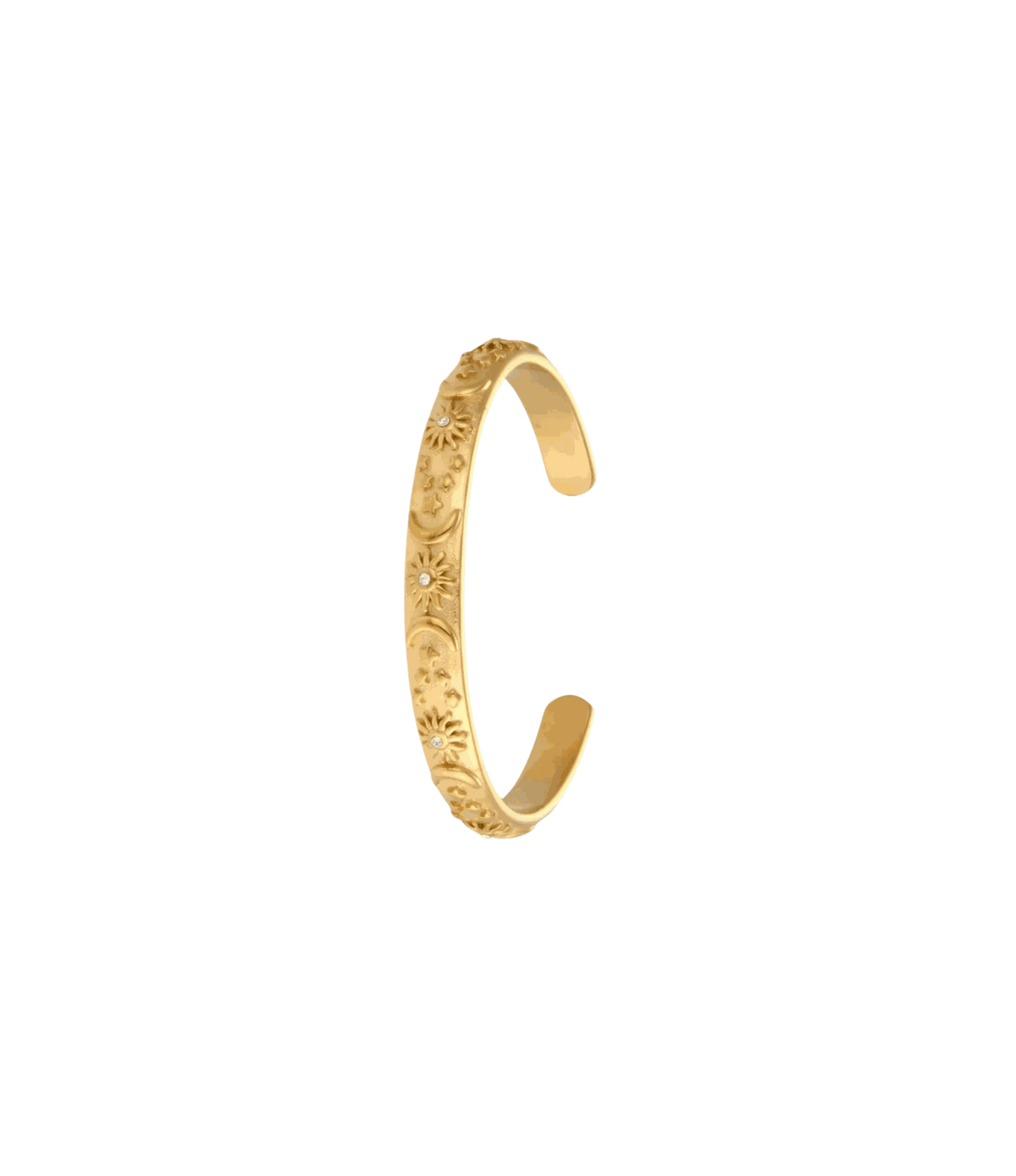 Bangle bracelet, SELESTIA BANGLE IN WHITE, gold-tone metal with raised floral detailing and an open cuff design.